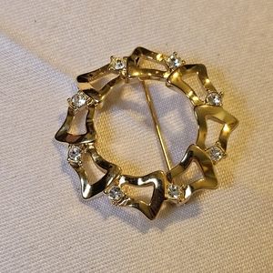 Vintage Monet Circle Pin, Gold Tone Metal and Rhinestone Brooch